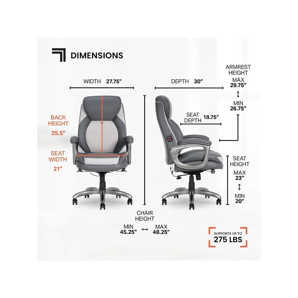 Sharper Image S-600 Active Lumbar Heated Ergonomic Bonded Leather Swivel Executive Massage Chair, Gray (60098-GRY)