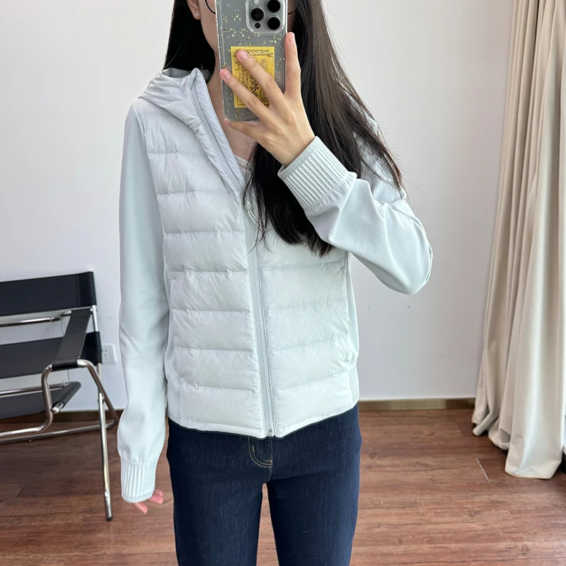 Lekka, ocieplana kurtka puchowa z kapturem Meecion, z białego puchu gęsiego, zapinana na zamek, idealna do dojazdów do pracy, damska.