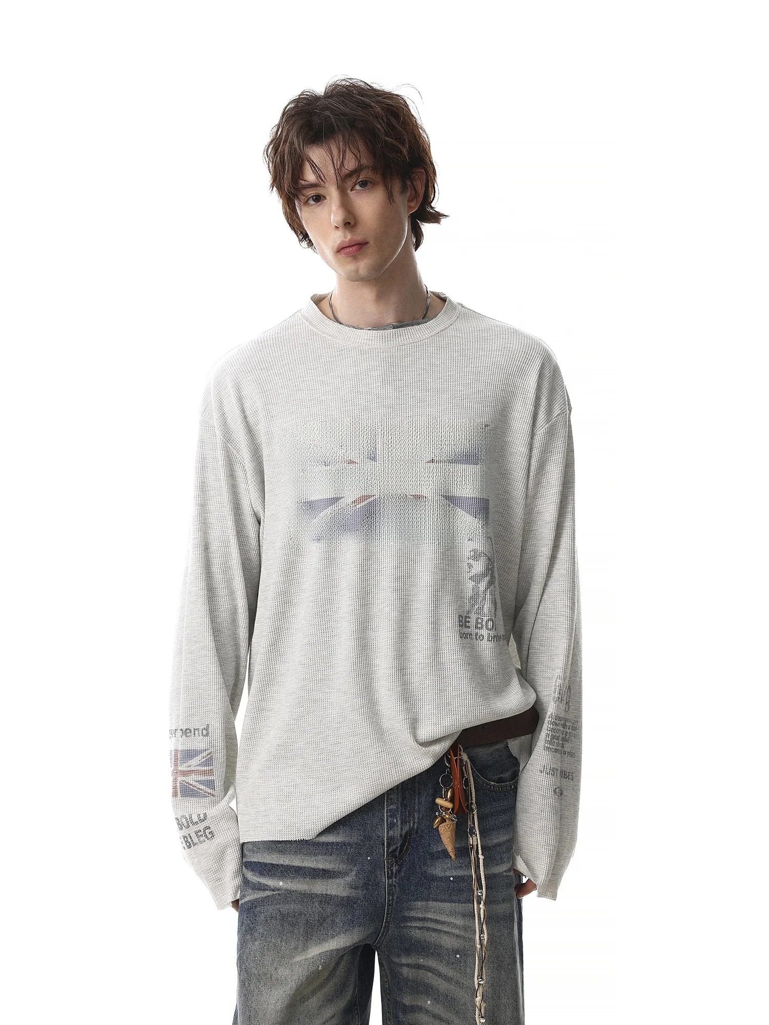 Loose Fit Long Sleeve T-Shirt Men's American Retro Print Cotton Polyester Shoulder Drop Style Casual Comfortable Top