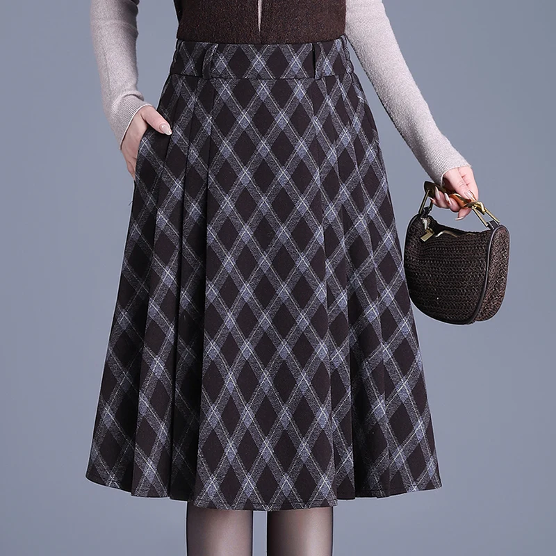 

Юбка женская шерстяная в клетку с высокой талией, новая осенне-зимняя модель А-силуэта, винтажная, длиной ниже колена, из полиэфирного волокна