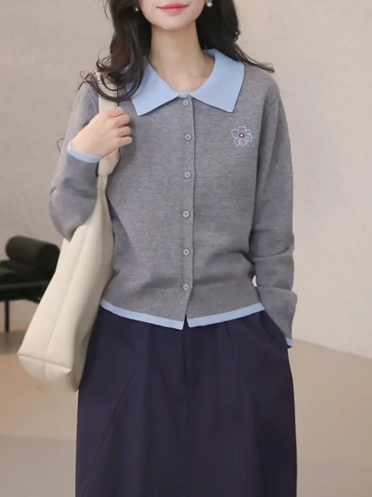 

Faionable Color Blo Knitted Open Cardigan Women's Autumn 2025 Casual Vintage Collared Sweater Top Comfortable Korean Sle