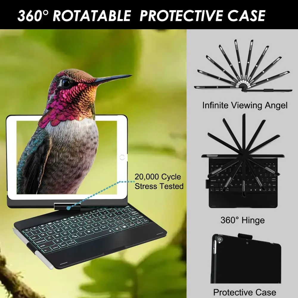 360 Degree Rotation Case for iPad 5th 6th Gen 2018 Pro 9.7 Wireless Bluetooth Keyboard Swivel Cases with Trackpad Pencil Holder