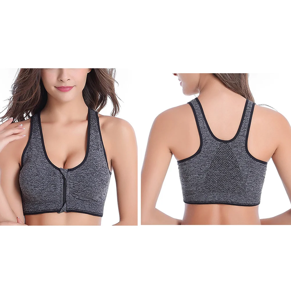 

Women's Xl Front Zipper Sports Bra Gray Wireless Padded Shockproof Push Fitness Running Yoga Support Bra for Women