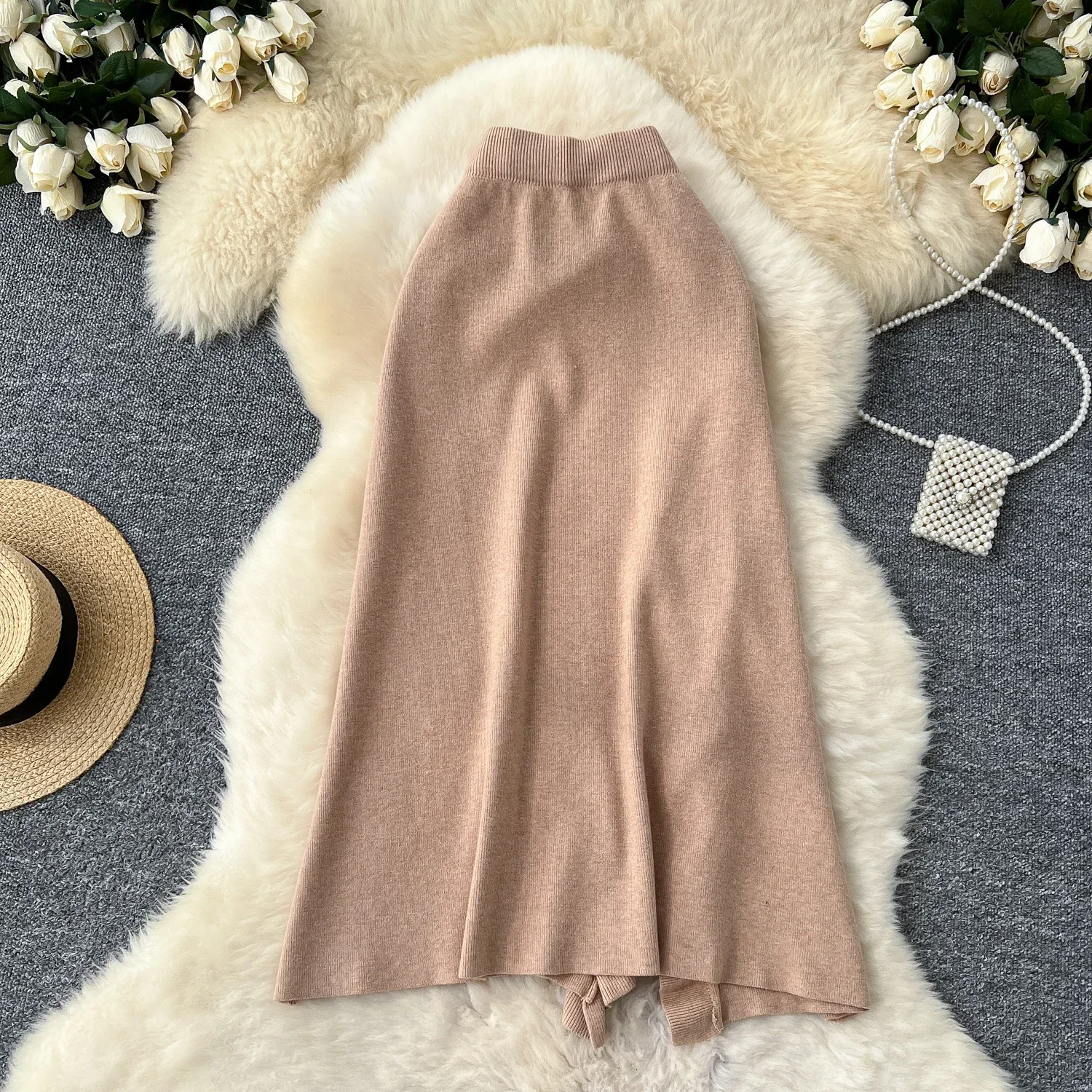 High Street Ruffles Vintage Split High Waist  A-Line Knit Skirt French Basics Office Lady Autumn Winter Fashion Elastic Clothing