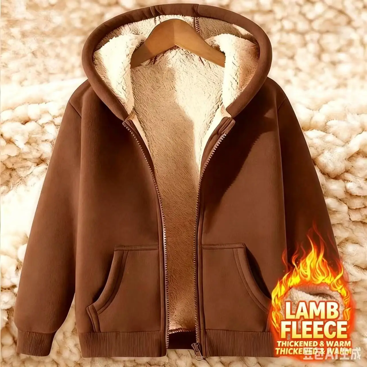 Men's and women's plush lined hooded jacket, wool jacket, front pocket, warm zipper, winter coat 2026 new model