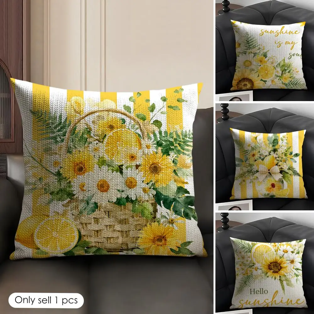 Summer Daisy Lemon Cushion Cover Natural Linen Organic Fabric Double-Sided Printing Breathable Perfect Gift For Decor