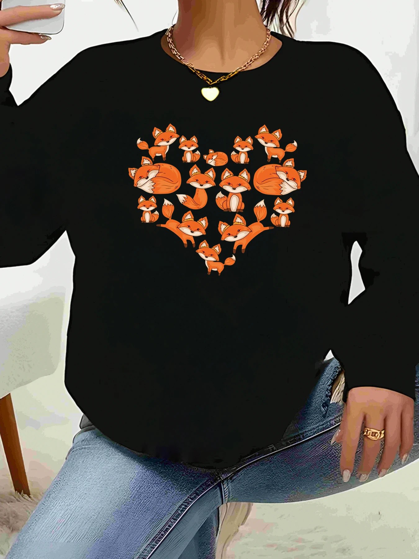 قميص علوي بأكمام طويلة وطبعة قلب الثعلب لعيد الحب ملابس كاجوال للسيدات