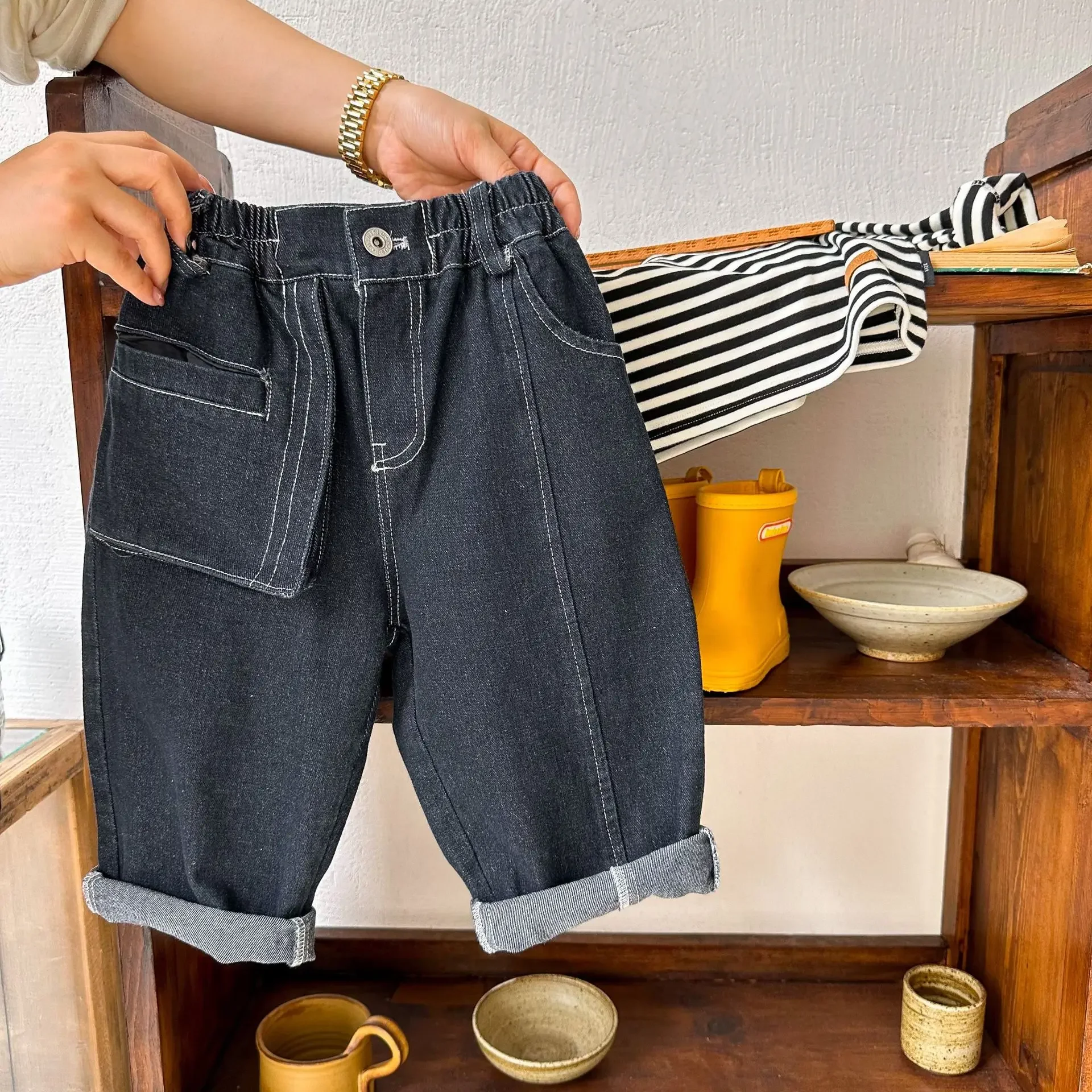 Kinder hose 2023 Herbst neue Jungen und Mädchen Persönlichkeit einfarbige Jeans Baby All-Match Freizeit hose