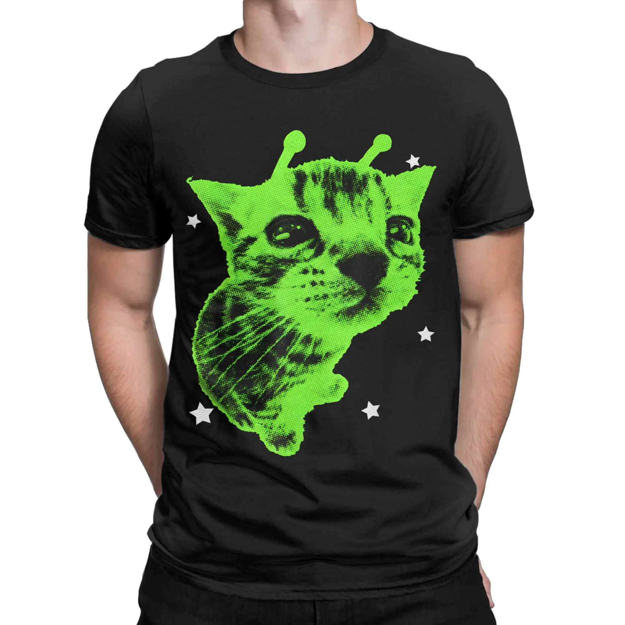 Y2K Alien Cat Meme Retro Silly Cat Vintage Space classicFunny 100% Cotton T-Shirt Cats meme Tees Tops For Men