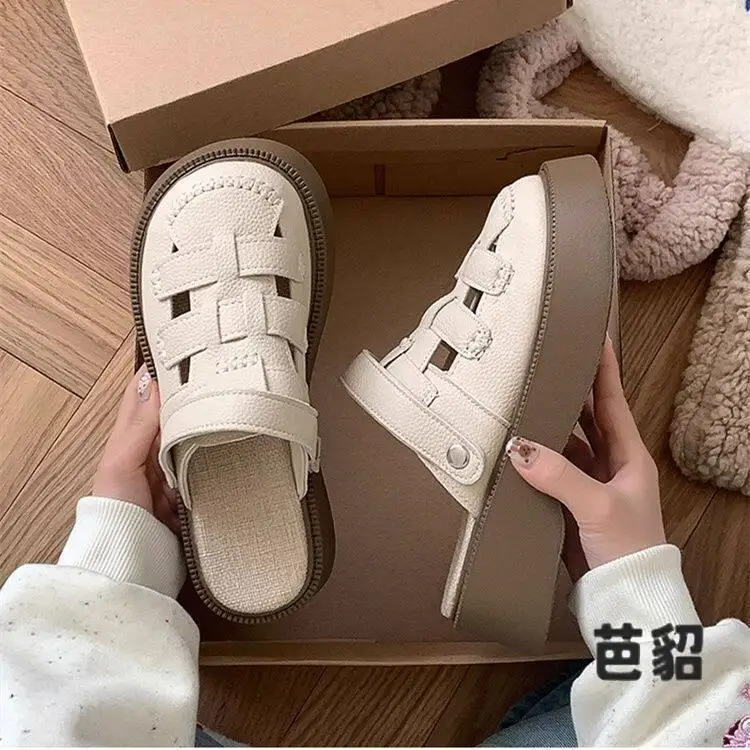 Soft Leather Soft Bottom Sandals Women's Summer New Style with Skirt Hole Hole Shoes Thick Bottom Comfortable Hollow Two-Way ...