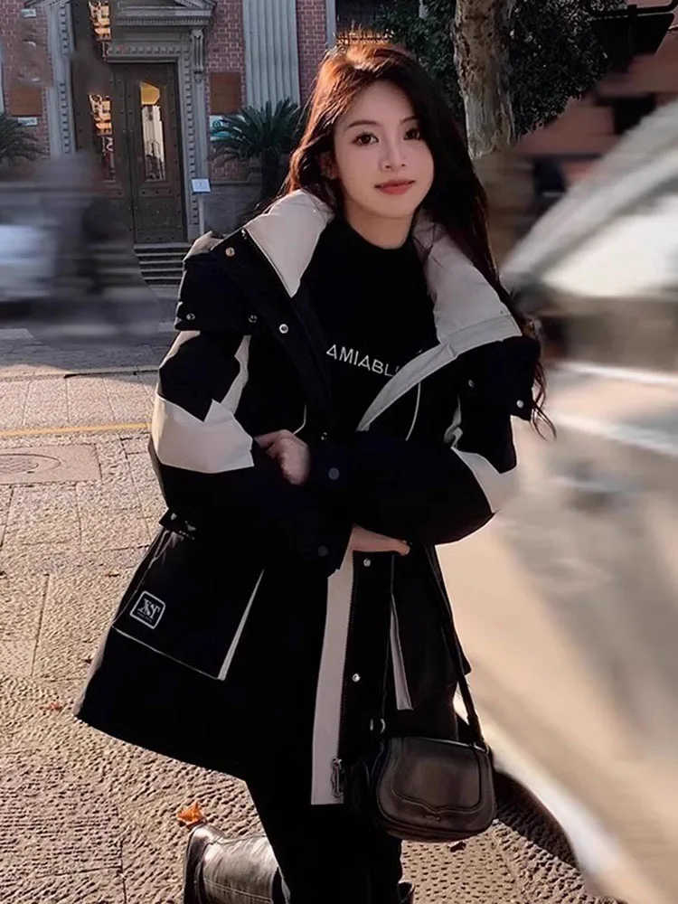 

Women's Winter Coat Color Blo Design Fce Lined Jaet Waist Cinched Warm Cotton Outerwear Korean Sle Long Sve