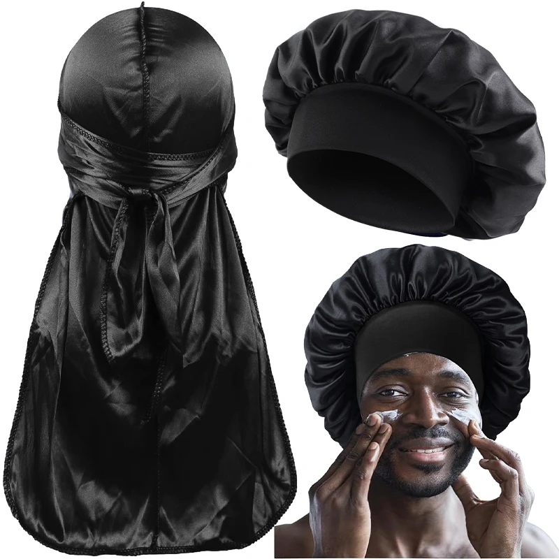 2PCS/LOT Unisex Long Tail Silk Durag Pirate Satin Bonnet Night Sleeping Hat Men Women Shower Bandana Turban Hijab Headscarf