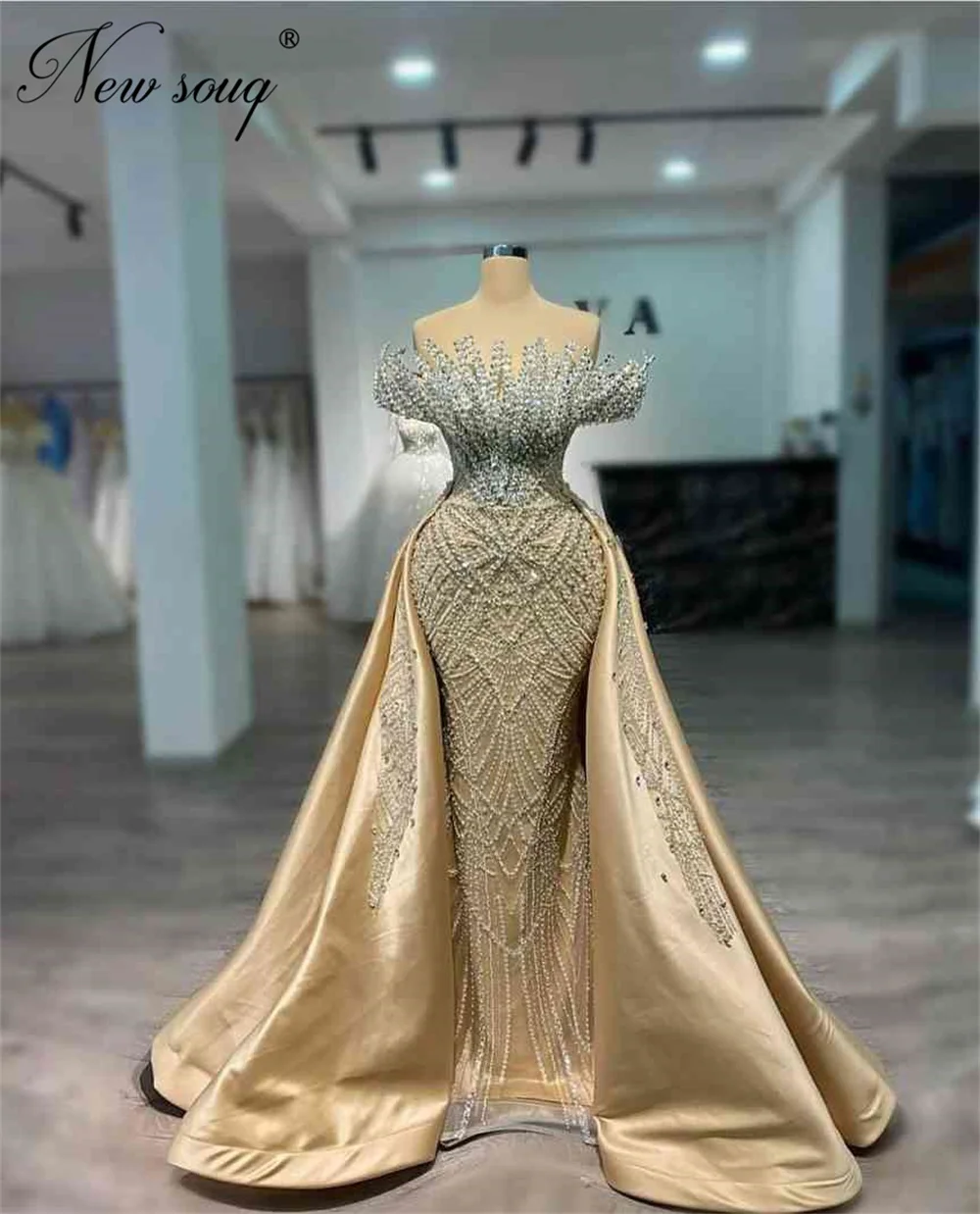 فساتين سهرة أنيقة مطرزة باللون الشامبانيا بدون أكتاف للحفلات الراقصة مع تنورة لحفلات الزفاف VestidosDe Cóctel مخصصة