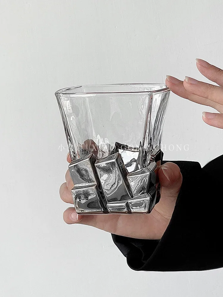 Space silver ice cube glass, artistic limited wine creative light luxury glass, high-quality water glass, whiskey