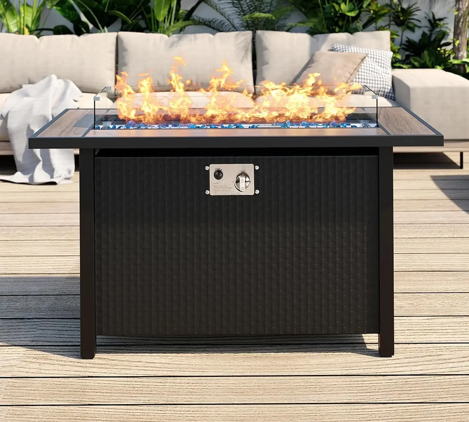 SUNLEI 45 Inch Gas Fire Pit Table, Patio Outdoor Propane Fire Pits with Walnut Top and Blue Beads & Removable Lid, 50000 BTU