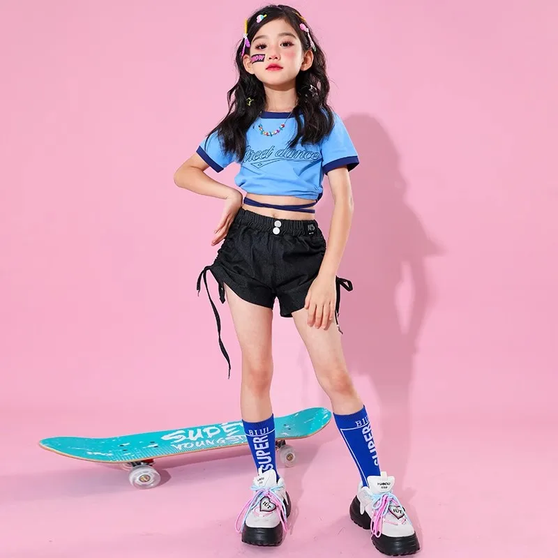 Girls Summer Jazz Dance Clothes Blue T Shirt White Hip Hop Pants Teenage Loose Street Dance Performance Suit Kid Catwalk Costume