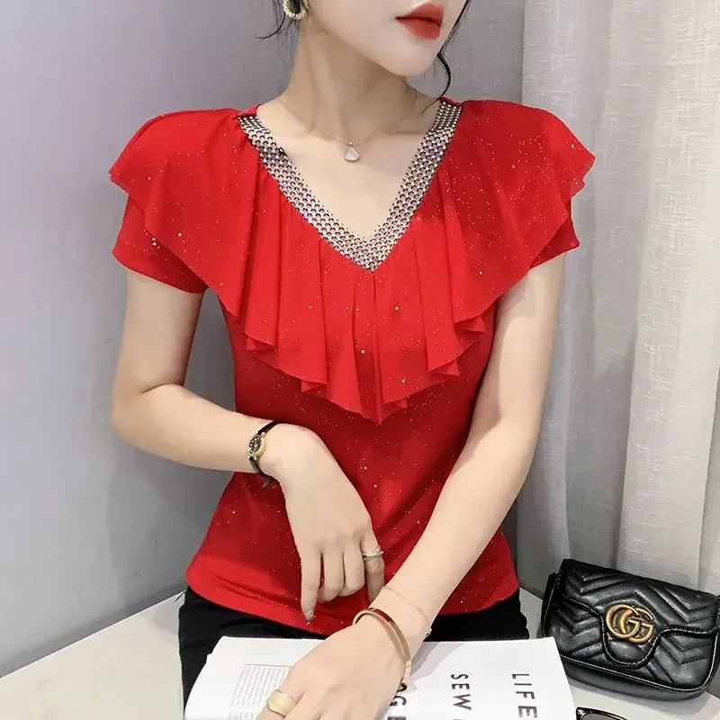 Elegant V-Neck Diamonds Hollow Out Ruffles Folds Blouse Female Clothing 2024 New Oversized Casual Tops Office Lady Shirt ZL742