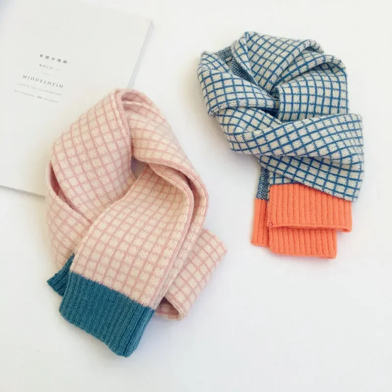 Korean Style New Winter Kid Knitted Wool Plaid Scarves Thicken Warm Children Shawl Patchwork Neckerchief