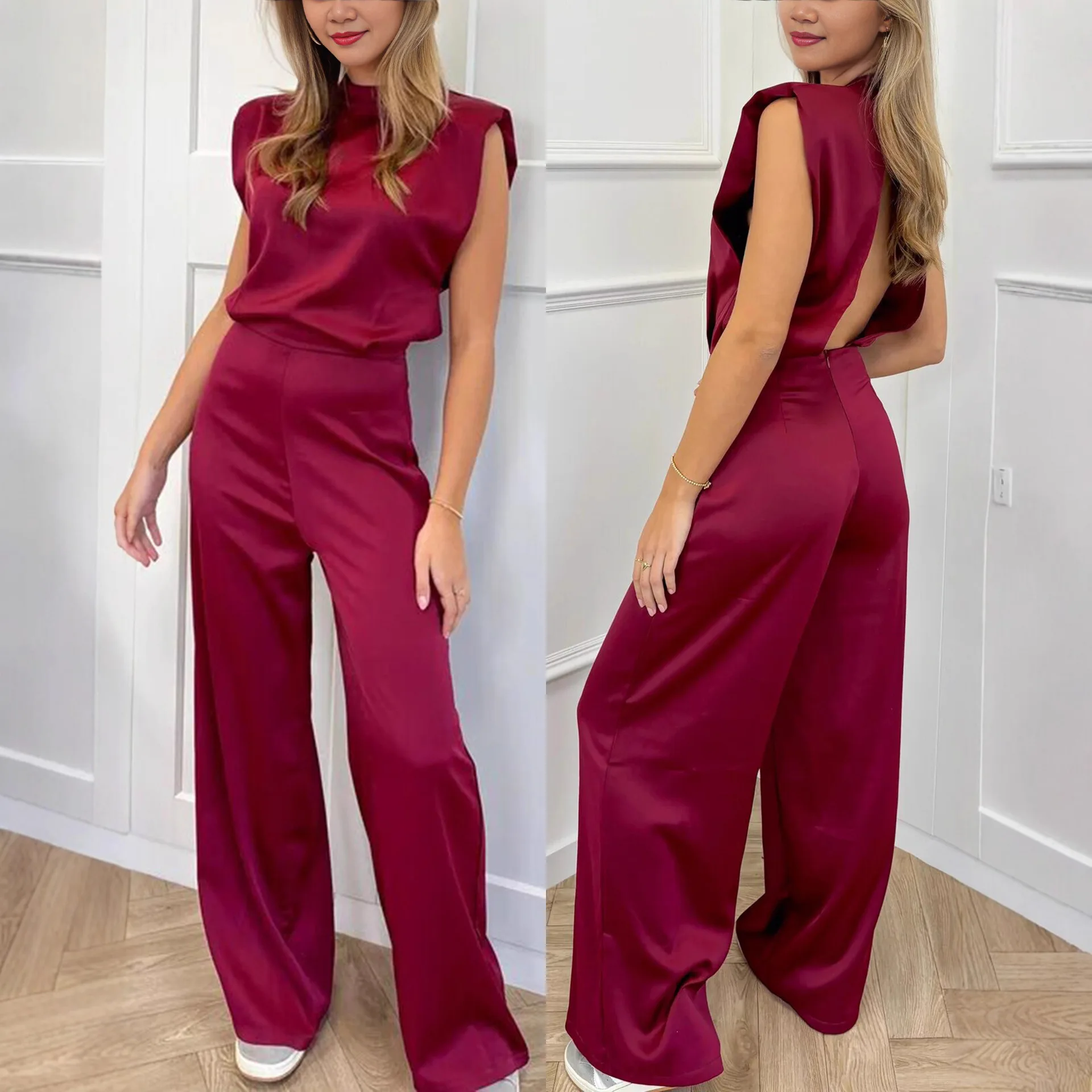 

Новая летняя европейская и американская женская одежда, однотонный свободный атласный комбинезон без рукавов с воротником-стойкой и открытой спиной, широкий комбинезон