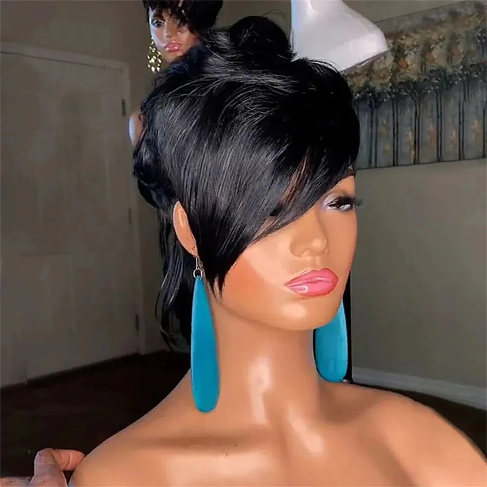 Mullet Wigs Short Pixie Cut Wigs for black Women Full Machine Made Wig With Bangs Dovetail Straight Highlight Real Human Hair