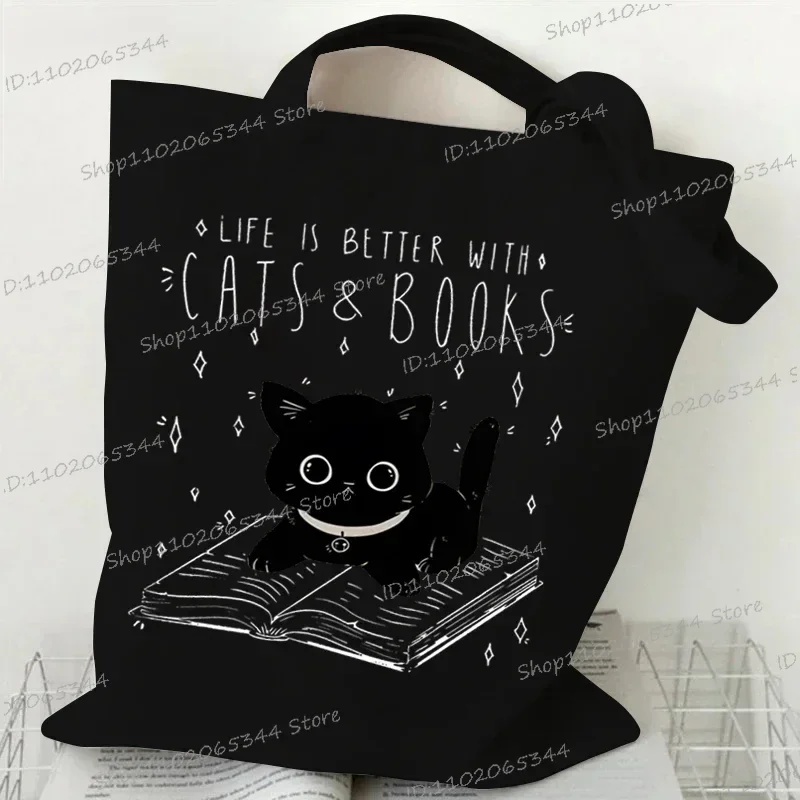 A vida é melhor com gatos e livros sacola de lona feminina bonito gato sacos de compras estudante livro literário bolsa de ombro dos desenhos