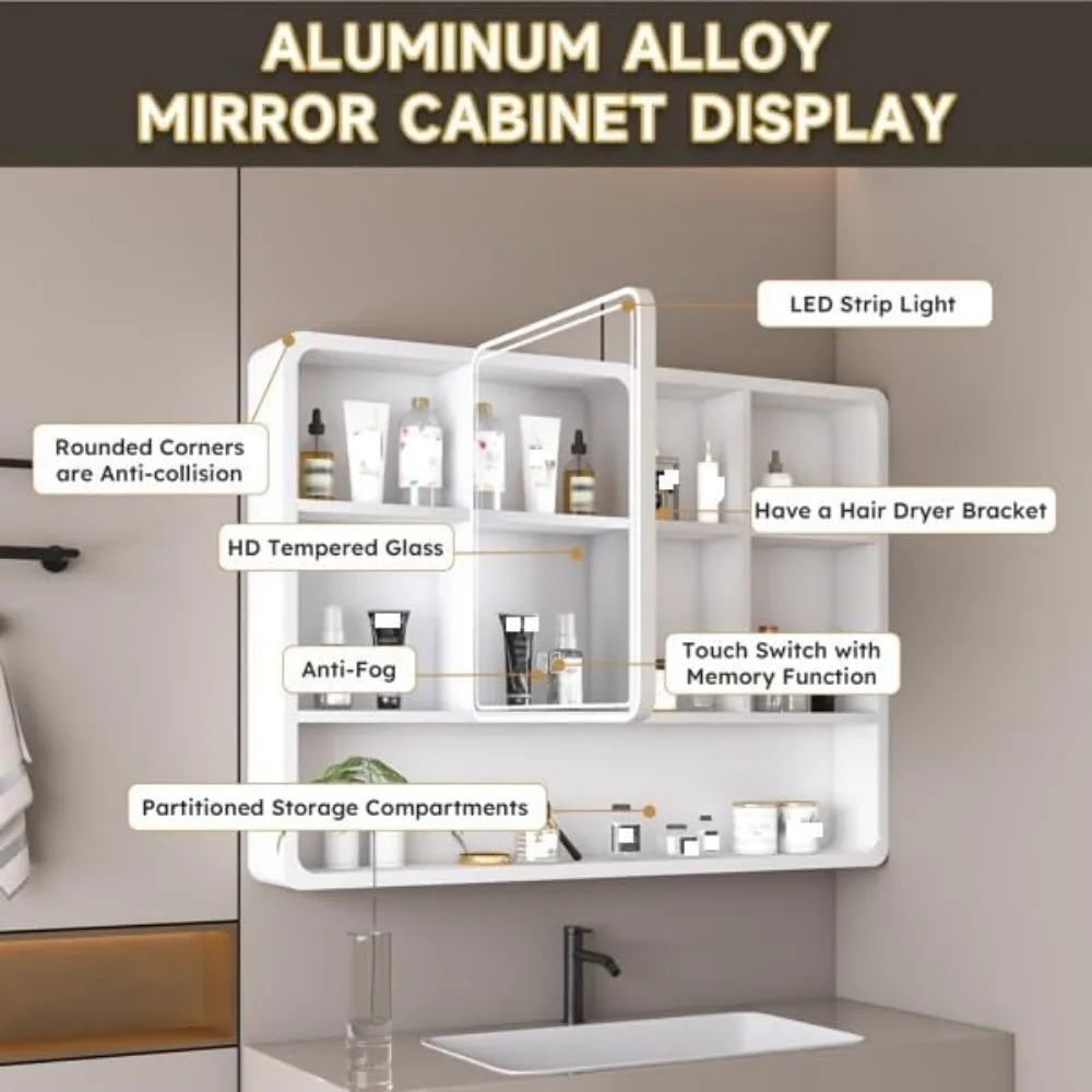 Armário de remédios com espelho, armário de banheiro de montagem na parede 35 "x 28" sobre organizador de armário de armazenamento de banheiro com prateleiras abertas, mir