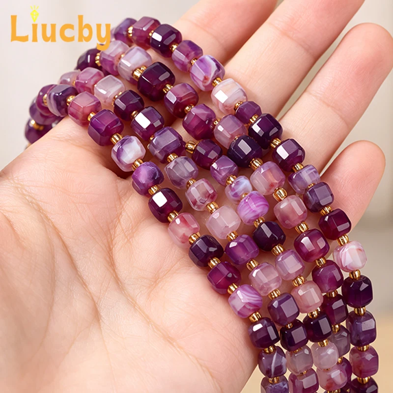 Facettierte Lila Gestreifte Achat-Würfelperlen mit Gold-Abstandshaltern, Natürliche Lose Perlen für DIY Armband, Halskette, Ohrringe und Schmuckherstellung – Detail 6