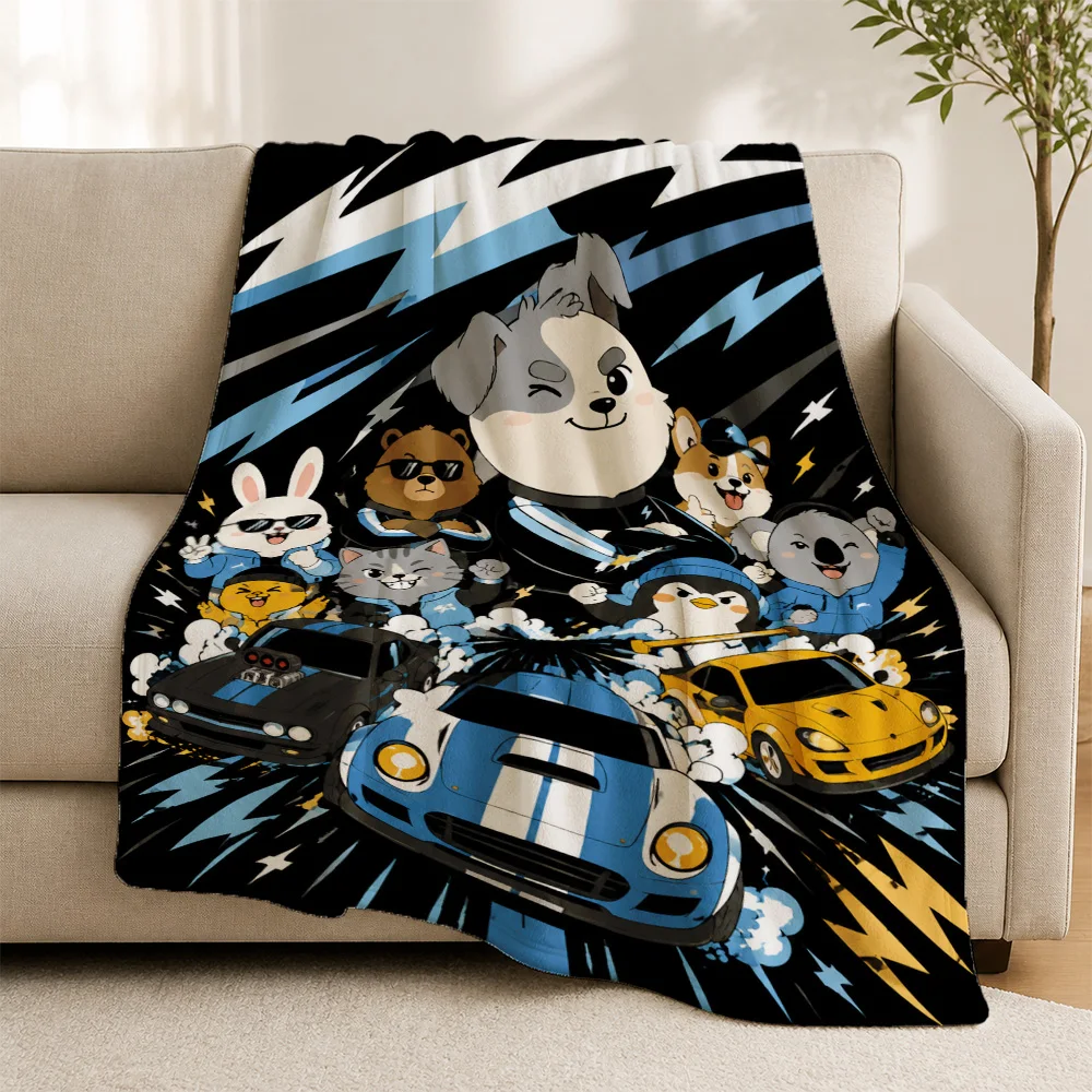 Cute Cartoon Dogs and Cars Throw Blanket Fuzzy Knit Sofa Cover Couch Decor Gift For Pet Lovers Pop Art Style Unique Home Nap Bla