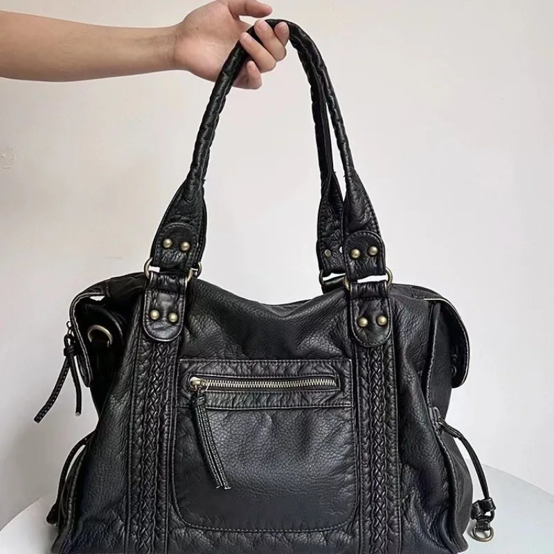 Vintage locomotive tote bag washed leather shoulder messenger bag large capacity commuter to work handbag
