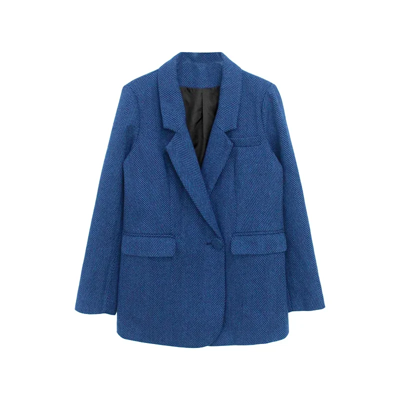 New Woolen Coat Women Elegant Thick Blue Suit Blazer Jacket 2024 Autumn Winter Office Lady Outwear Female Fashion