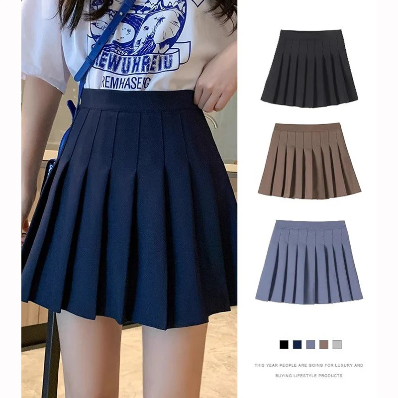 Hot Sale Summer Female Classic Pleated Skirts Girls Solid Color Thin JK Skirts Lady Korean Fashion High Waist A-line Skirts