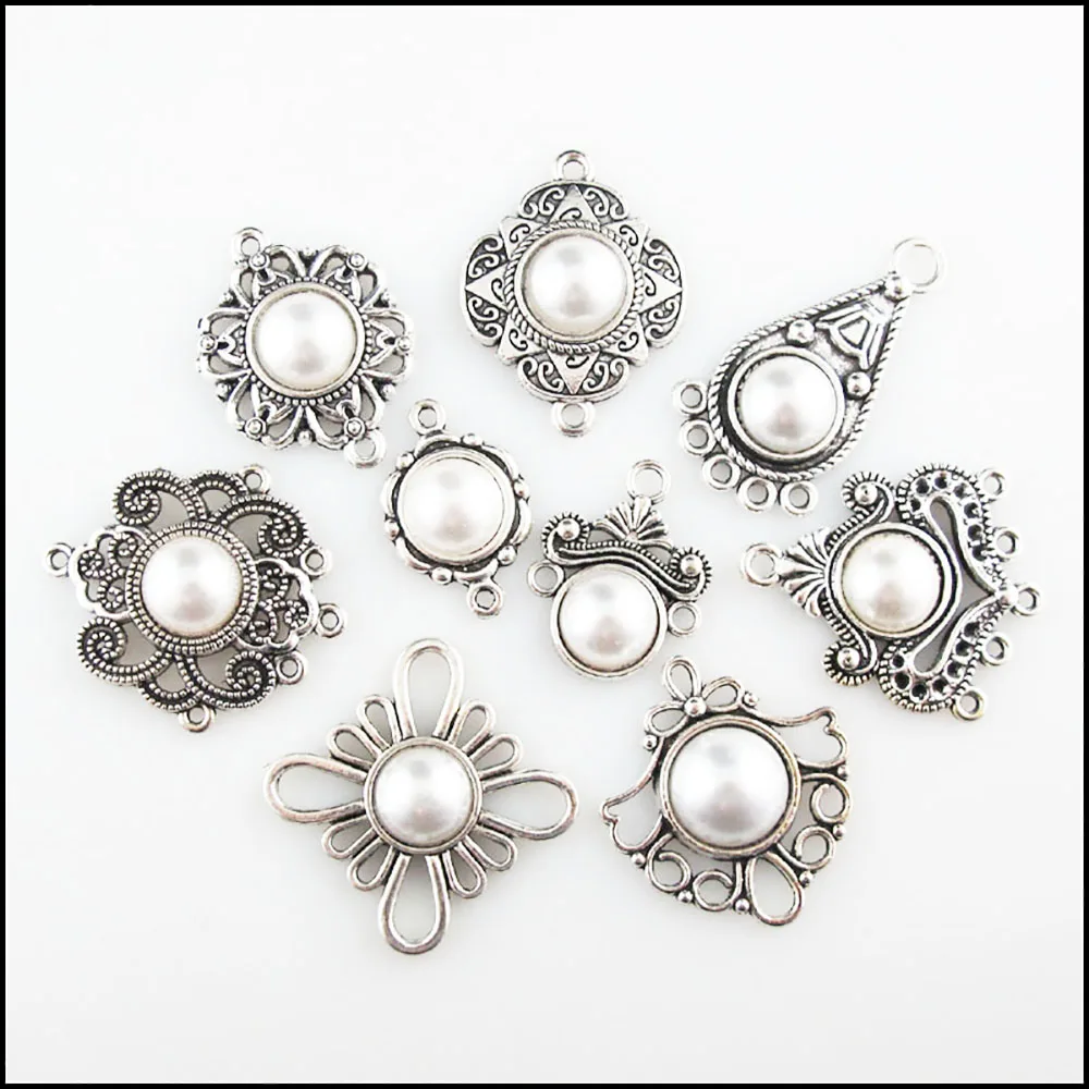 Fashion New Flower Cross Knot Crown Teardrop Charms White Plastic Pendants Connectors Tibetan Silver Plated