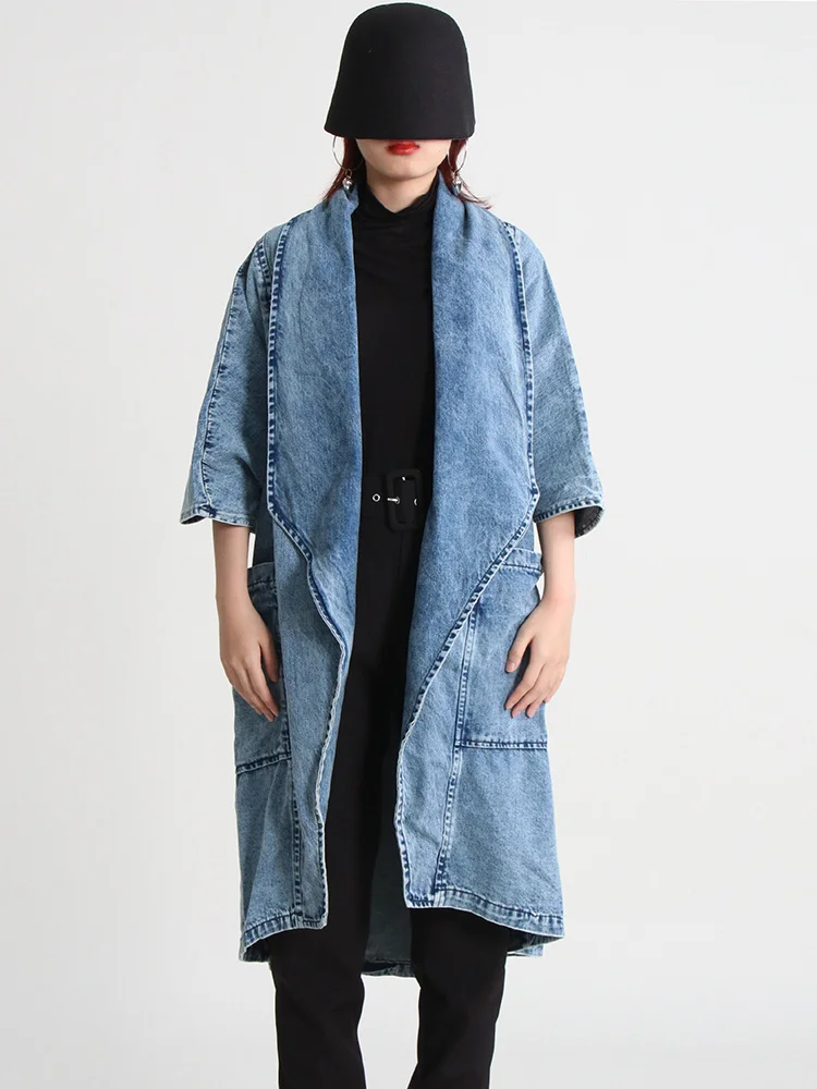 FANAN solide ample décontracté Denim manteau pour femmes revers à manches longues Patchwork poche tempérament Trench femme mode nouveau 2025