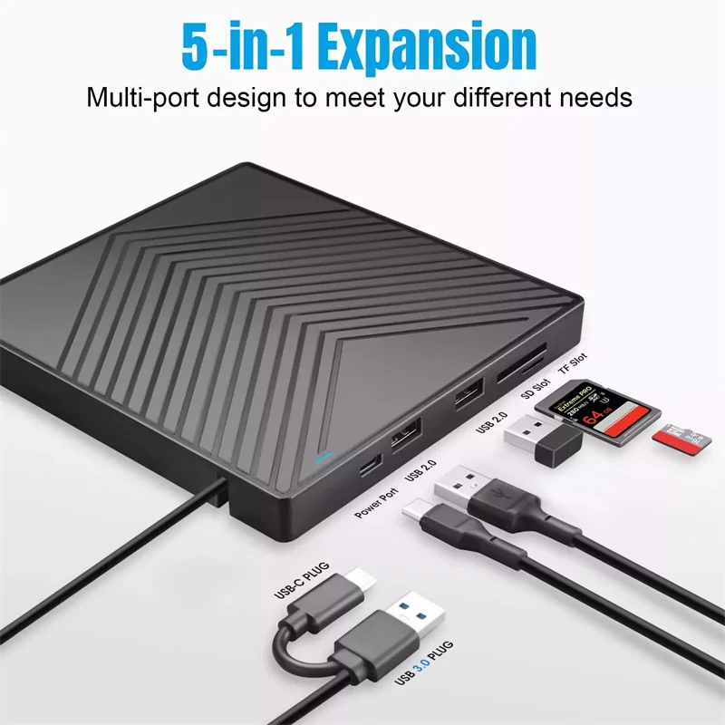 

5-in-1 USB 3.0 Type-c External DVD RW CD Drive Burner Reader Player Optical Drive External For PC Laptop Windows 11 10