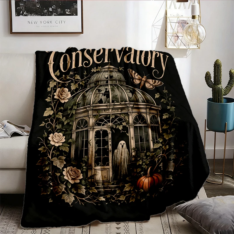 Broken Conservatory Comfy Blanket, Halloween Flannel Blanket, Haunted Greenhouse Flannel Throw, Botanical Ghost Spooky F