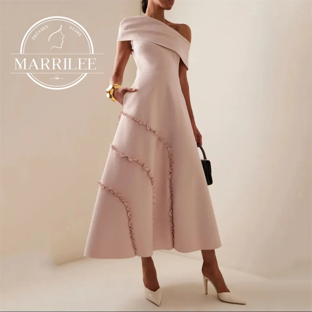 Marrilee Light Pink A-Line Stain Ruched Off The Shoulder Evening Dresses Elegant Ankle Length Sleeveless Party Prom Gowns Robes