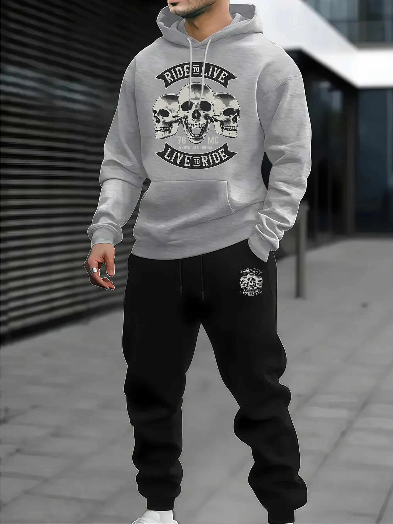 Men Halloween Skull Letter Print Hoodie Tracksuit 2Pcs Set Casual Hooded Sweatshirt & Drawstring Pants Streetwear