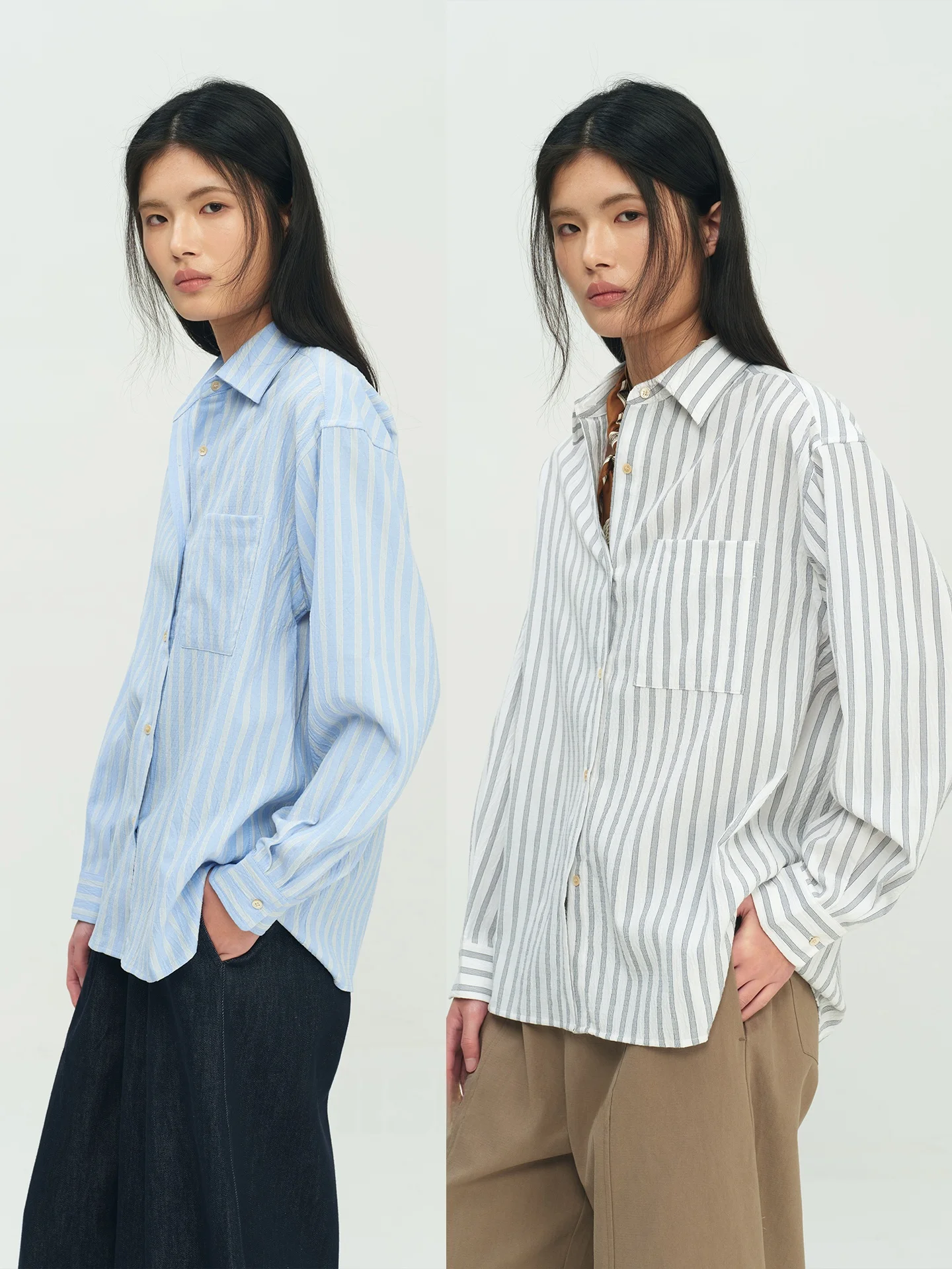 

YIISENSEE Casual Cotton Shirt Women's Long Sleeve Turn-down Collar Striped Loose Fit Spring Autumn Commute Style Zipper Closure