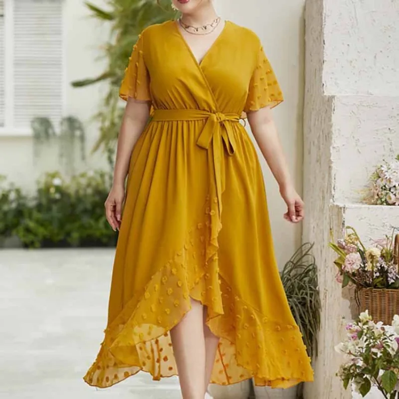 L-4XL Plus Size Dresses for Women 2023 Summer Yellow Short Sleeve Dot Mesh V Neck Bandage Casual Elegant Evening Long Dress