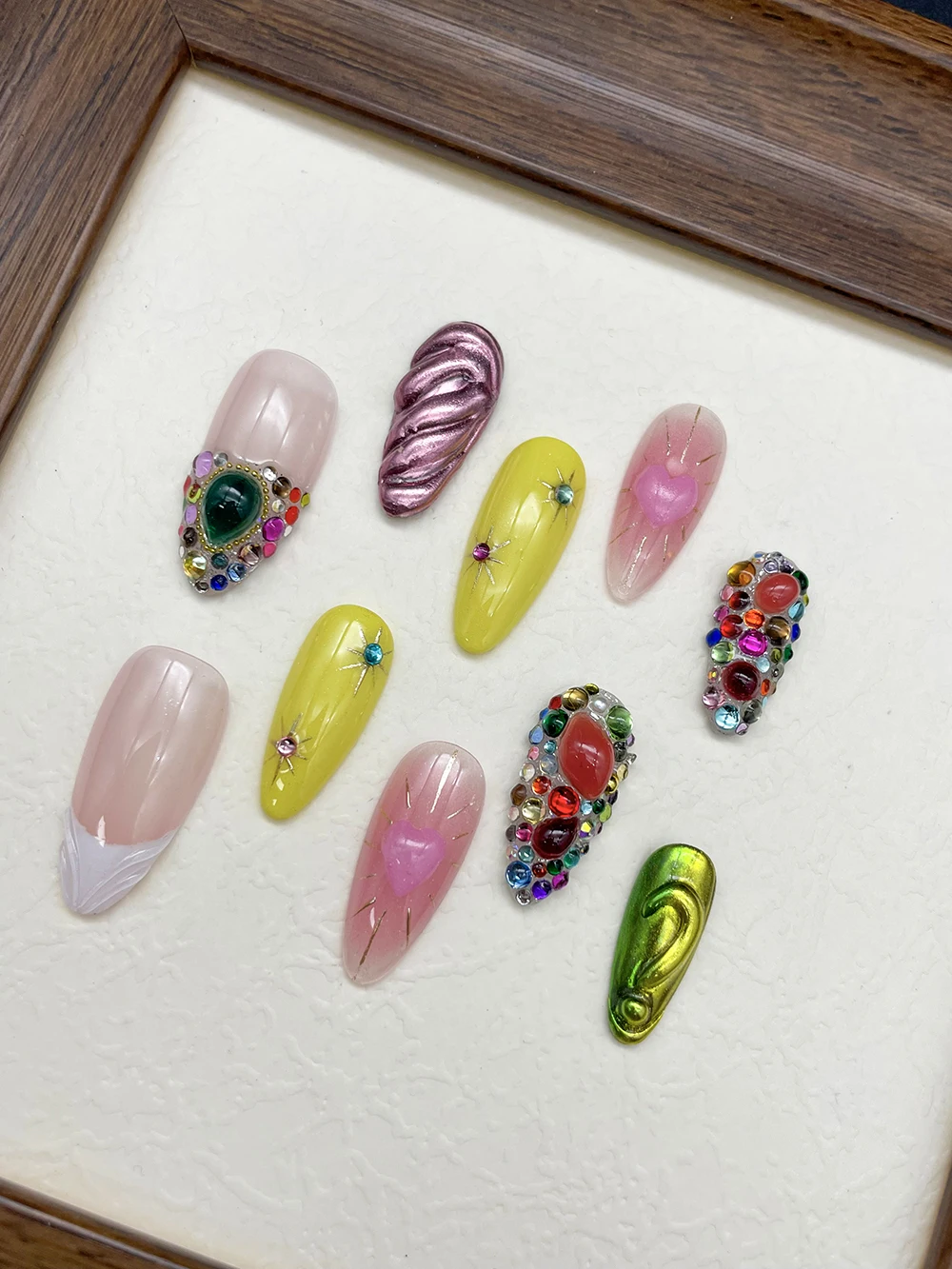 

10Pcs Handmade Almond Colored Diamonds Press On Nails Art Summer Shining Gemstone Design Fake Nails Sticker Women's Gifts