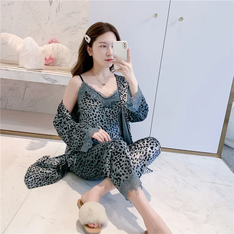 3PCS Leopard Lady Kimono Pajamas Sets Sexy Lace Floral Pyjamas Suit Sleepwear Velour Bride Nightwear Underwear Bathrobe Homewear