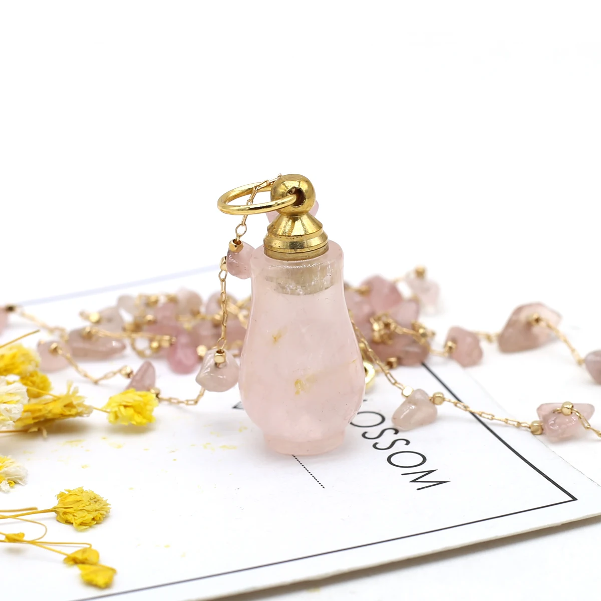 

Natural Stone Pendant Necklace Rose Quartz Perfume Bottle Pendant Essential Oil Diffuser for Women DIY Jewerly 16x35mm