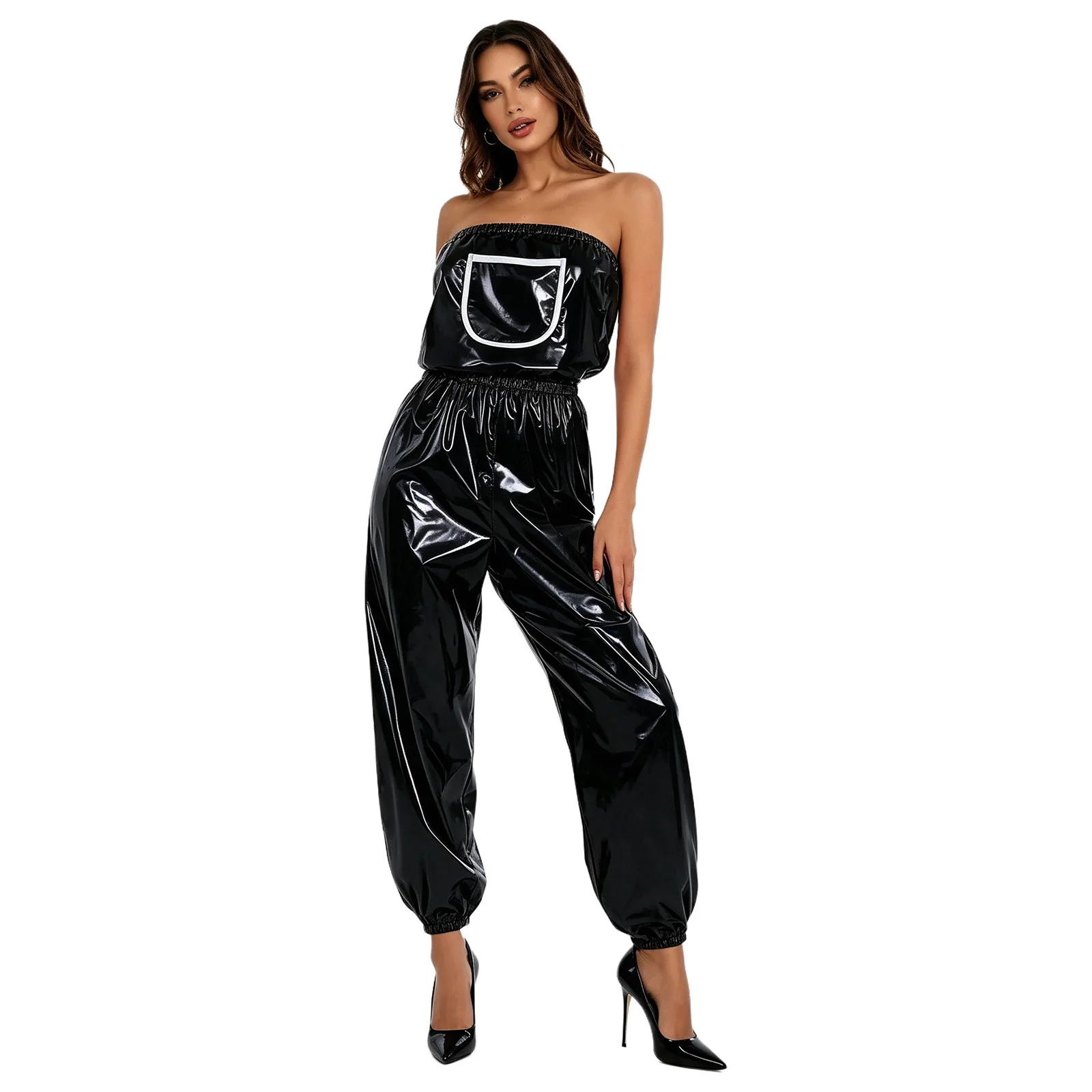 Women Water Resistant Diaper Cover Jumpsuit Wet Look Strapless Bodysuit Elastic Waist Leg Opening Adaptive Rompers