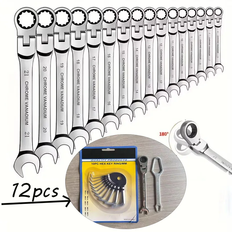 180 °   Chaves de catraca com cabeça flexível e conjunto de chaves hexagonais, adequados para reparos automotivos e manutenção de garagens domésticas.