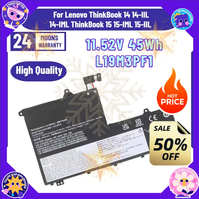 SWZY 45Wh Laptop Battery For Lenovo ThinkBook 14 14-IIL 14-IML ThinkBook 15 15-IML 15-IIL L19M3PF1 L19D3PF1 L19L3PF1 L19C3PF1