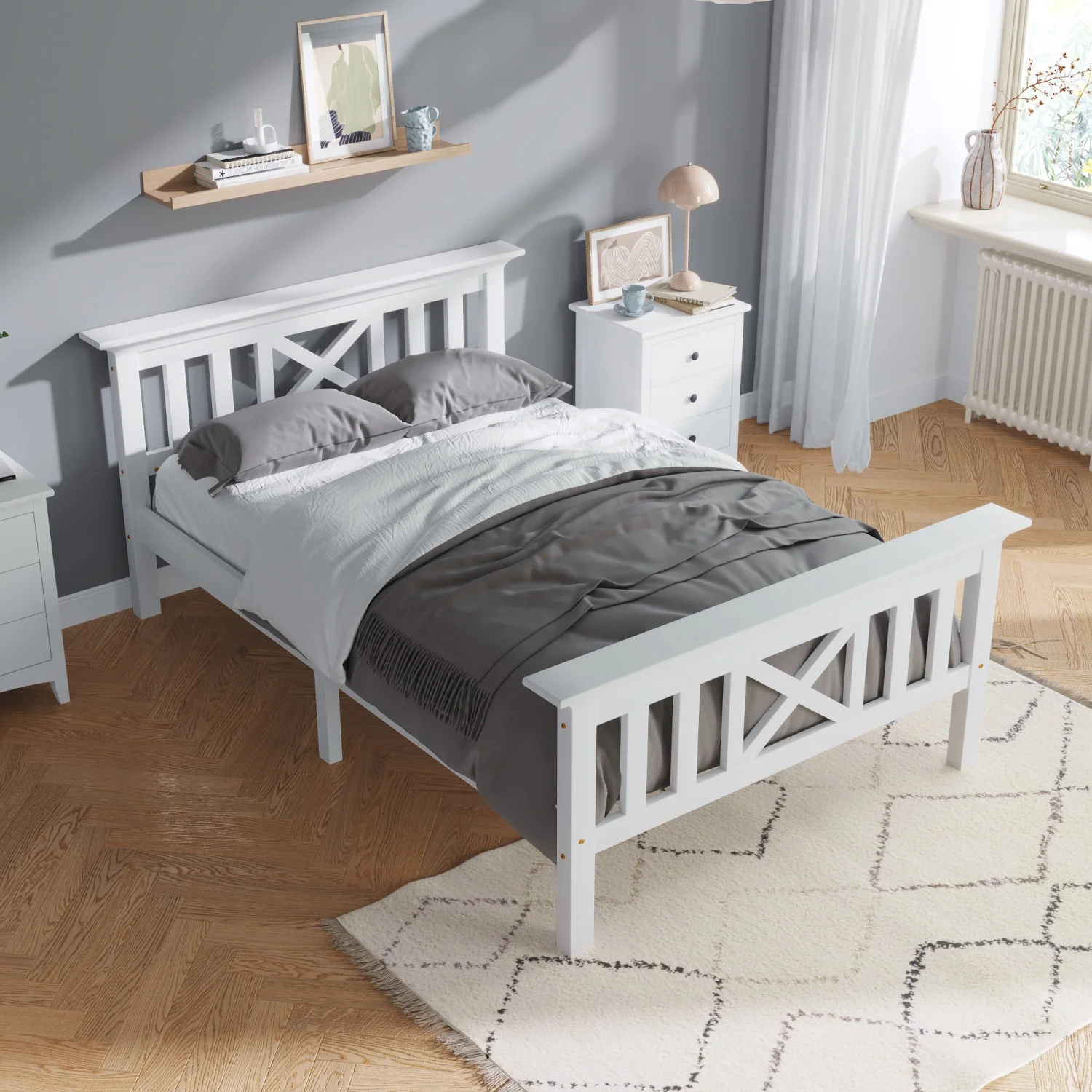 90x200cm Kinderbett, Einzelbett mit Lattenrost und Kopfteil, Naturholzbett, Gästebett, Jugendbett, Apartmentbett