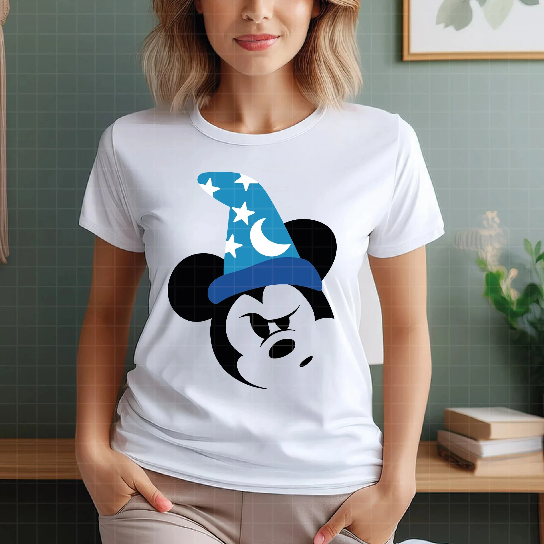 Camiseta holgada de algodón de alta calidad de Disney, fantasía, Mickey Mouse, sombrero de mago azul con patrón de estrella y Luna, bata roja informal