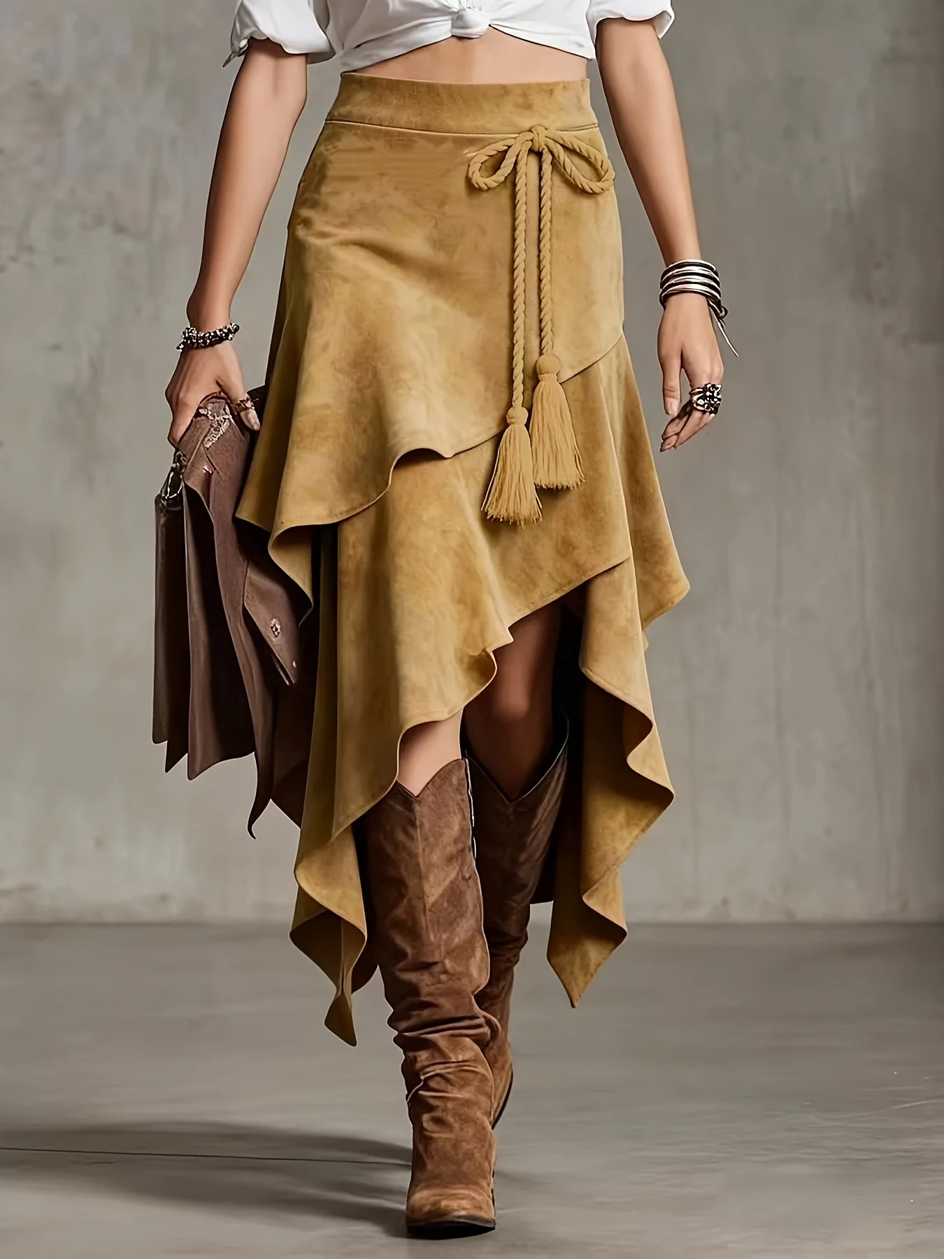 Vintage rok in westerse stijl met onregelmatig design, van suède, effen kleur, midi-lengte - afbeelding 1