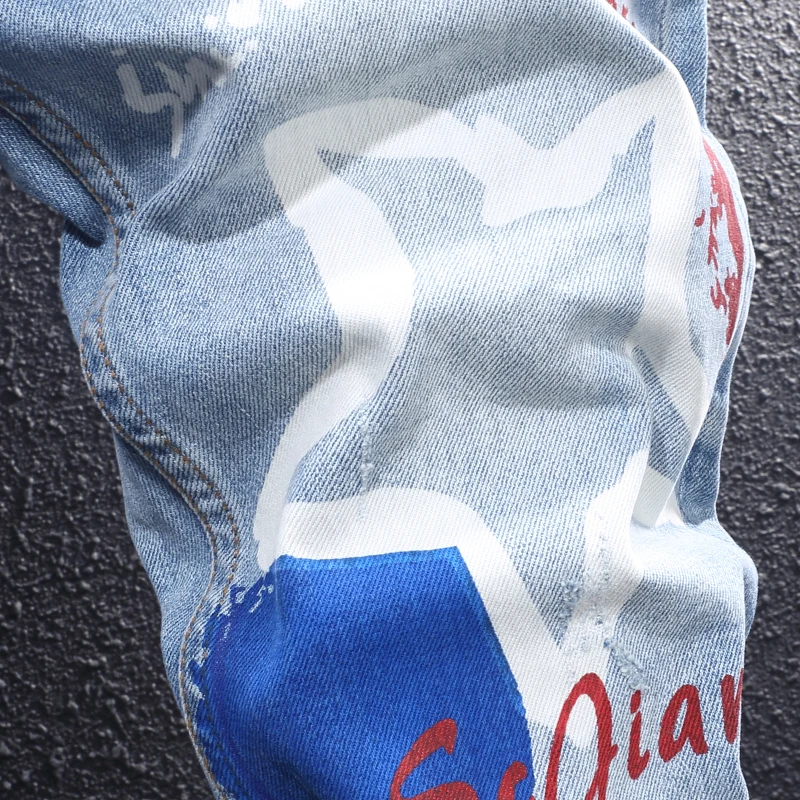 Street Fashion Designer Men Jeans High Quality Retro Light Blue Stretch Slim Fit Printed Ripped Jeans Men Vintage Denim Pants