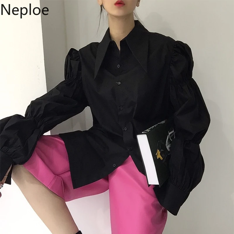 Neploe Women Blouse Chic High Street Tops Korean Vintage Turn-down Collar Loose Long Blusas Mujer Puff Sleeve White Shirt 4H419